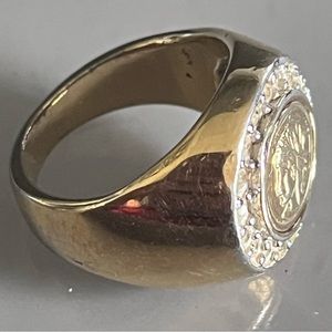 Vintage 18 Karat Electroplated Roman Coin Crystal Ring - Unisex - New Old Stock